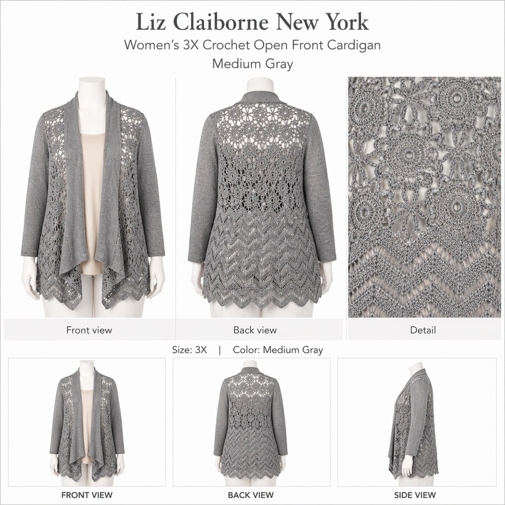 Liz Claiborne New York Womens 3X Crochet Open Front Cardigan Medium Gray A235543